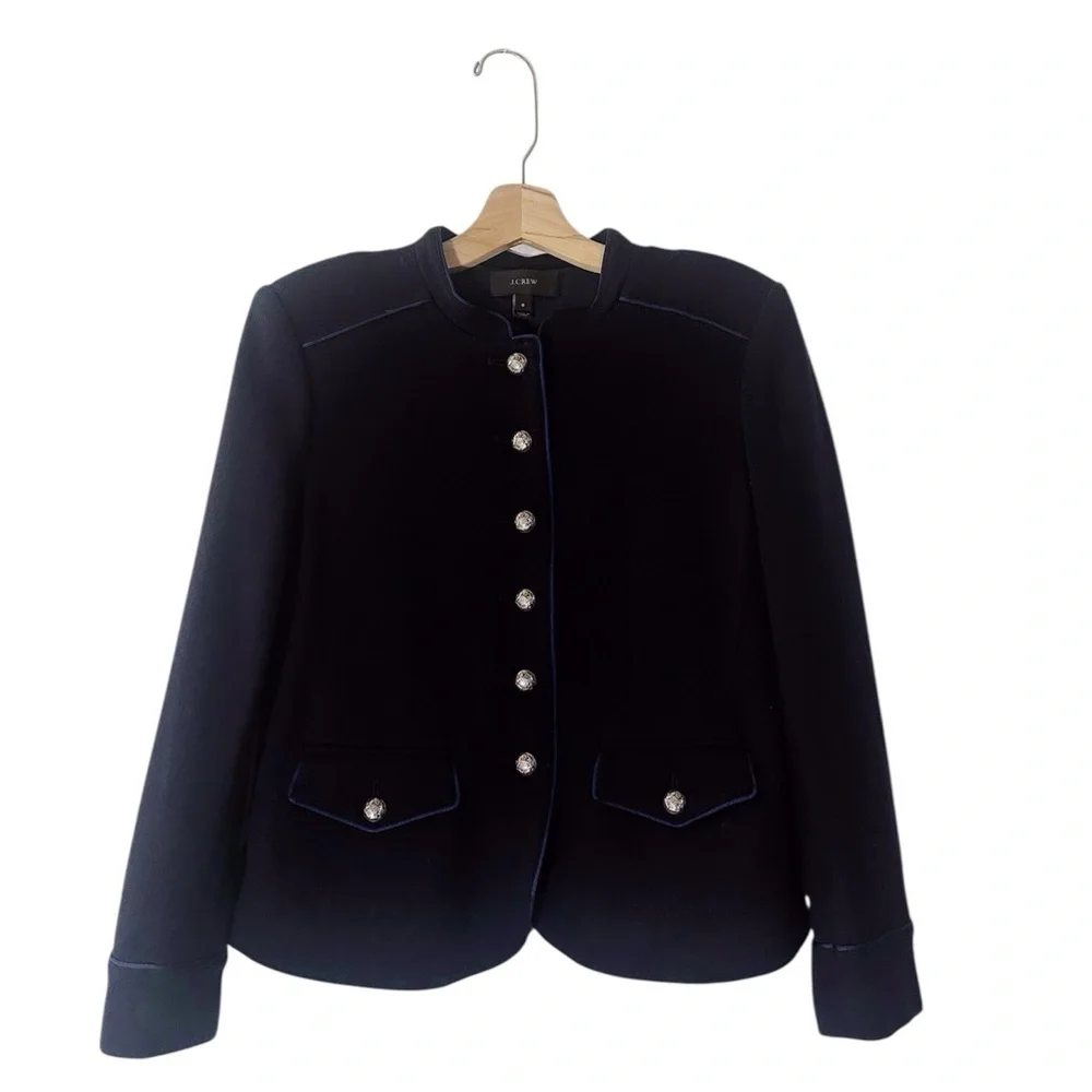 J. Crew Military Style Wool Cotton Jacket Navy Blue Silver Buttons